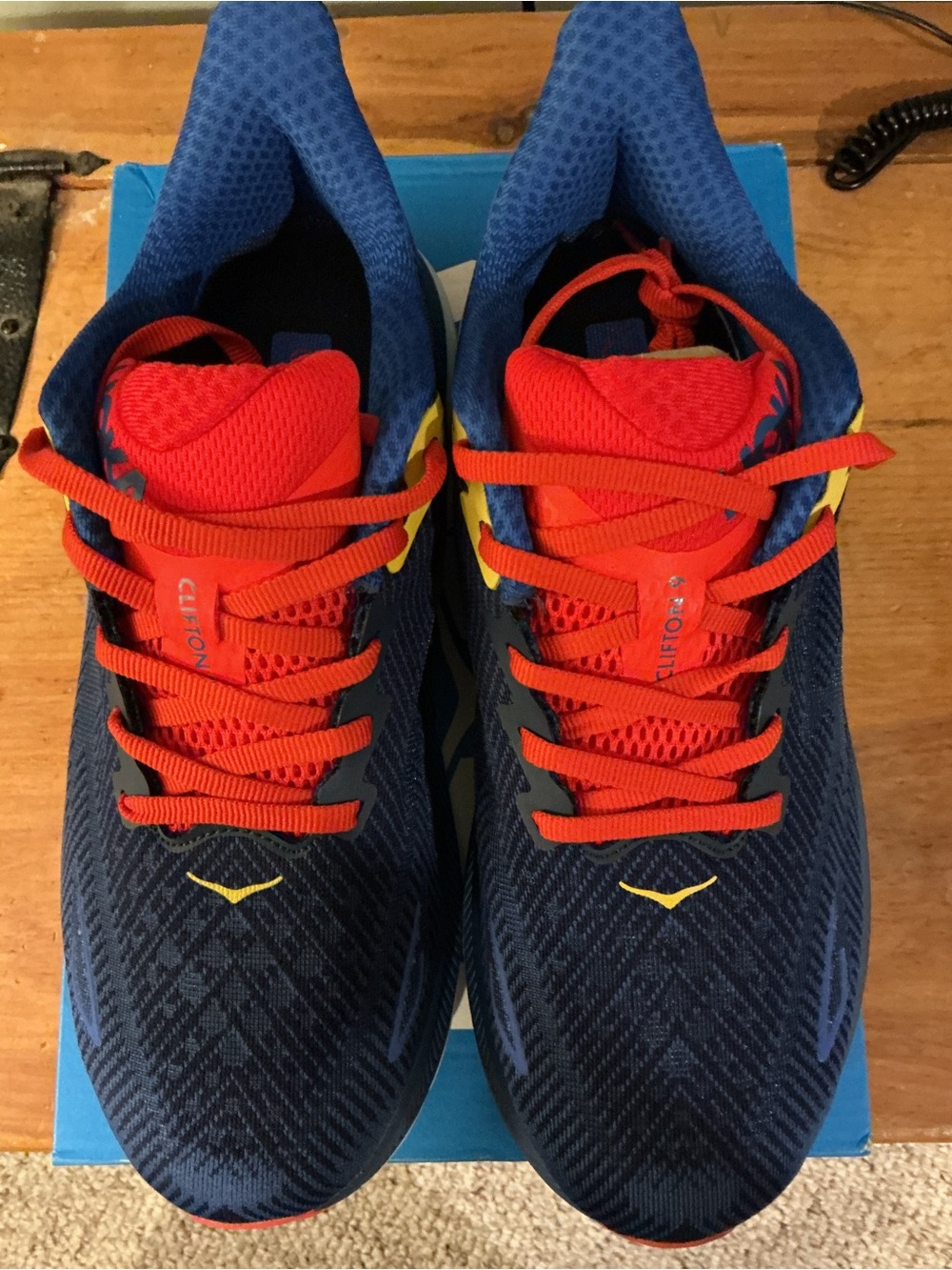 Hoka Men’s Running Shoes - Navy & Red with Yellow Accents Clifton 9 Men.s 8